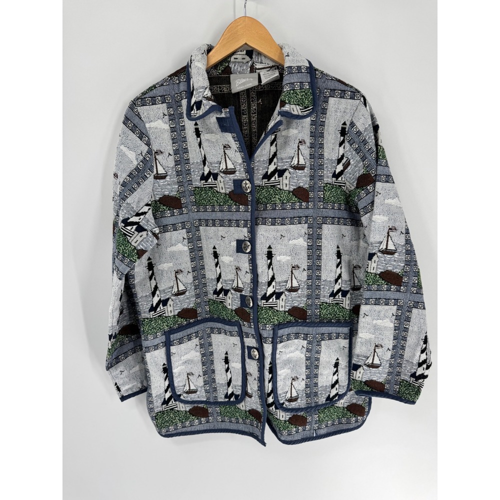Blair Tapestry Jacket Women L Blue Lighthouse Sailboat Vintage 90s Nautical